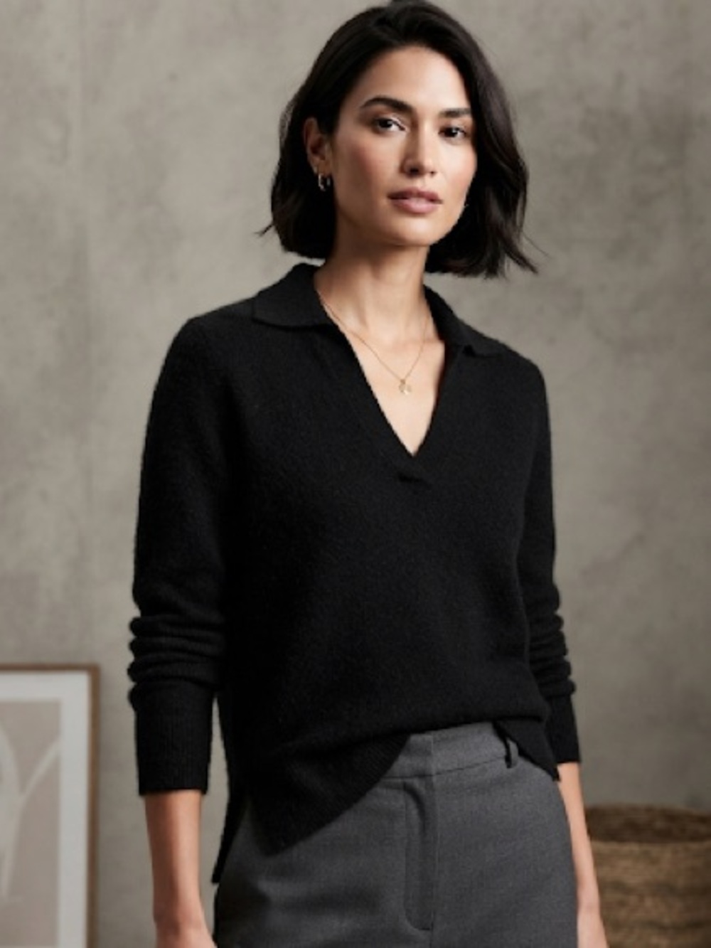 J. Crew Black V-Neck Collared Women's Sweater